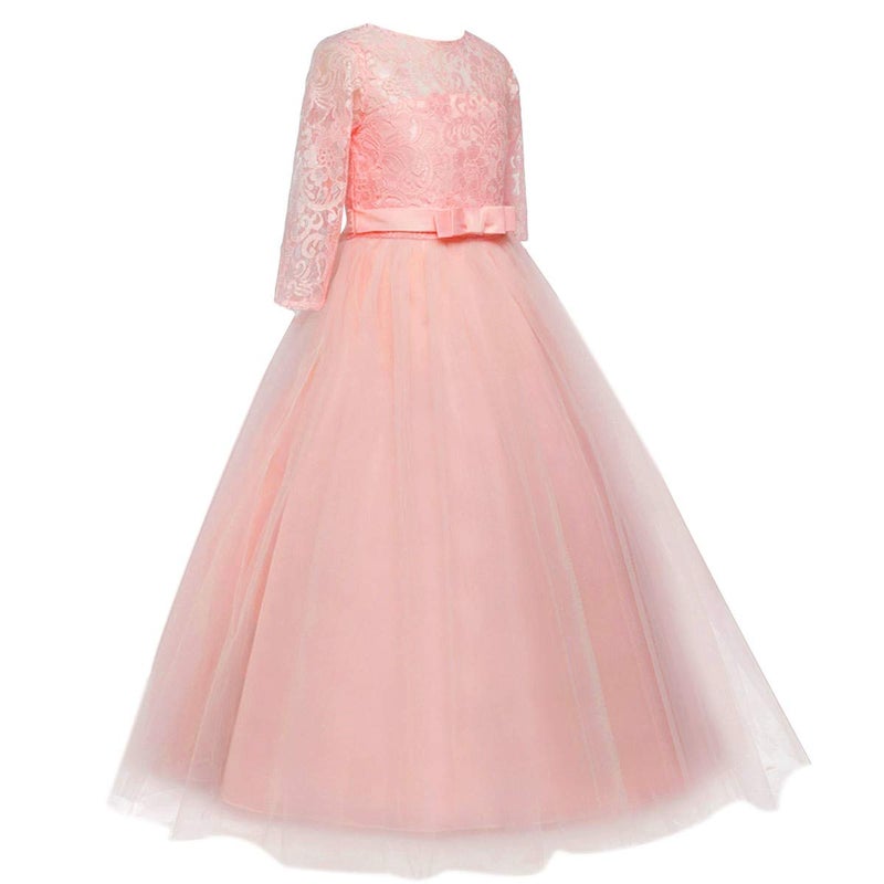 HIHCBF Flower Girls 3/4 Sleeves Lace Tulle A-Line Dress Floor Length Pageant Party Wedding Maxi Evening Dance Prom Ball Gown Pink 3-4T - Image 4